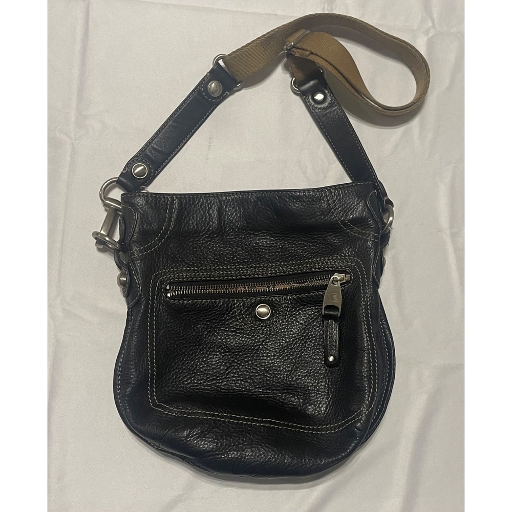 B. Makowsky Black Leather Crossbody With Canvas Strap Paisley Interior